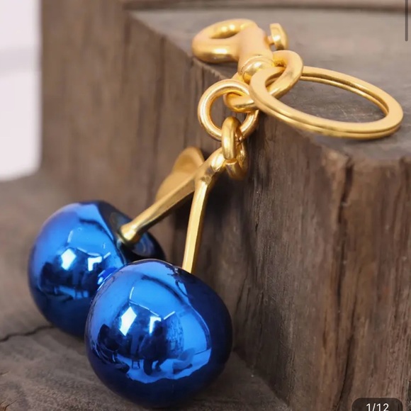Royal Blue Cherry Keychain Gold Tone Hardware Fashion - Picture 1 of 4